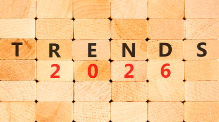 Trends 2026 new year symbol. Concept words Trends 2026 on beautiful wooden blocks wall. Beautiful...