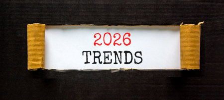 2026 Trends new year symbol. Concept words 2026 Trends on beautiful white paper. Beautiful black paper background. Business and 2026 Trends new year concept. Copy space.の写真素材