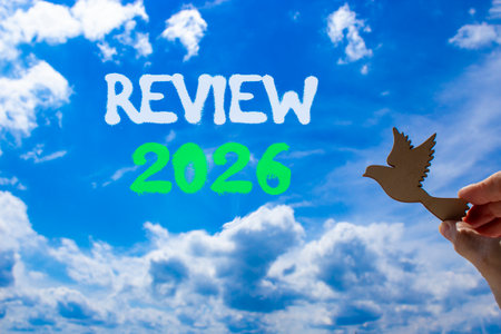 Review 2026 symbol. Concept words Review 2026 on beautiful blue sky. Beautiful blue sky background. Businessman's hand holds wooden bird. Business and review 2026 concept. Copy space.の写真素材