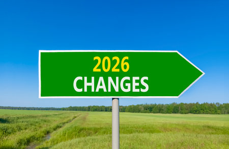 2026 Changes symbol. Concept words 2026 Changes on beautiful green road sign. Beautiful green grass field forest and blue sky background. Business and 2026 changes concept. Copy space.の写真素材