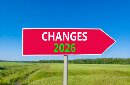 Changes 2026 symbol. Concept words Changes 2026 on beautiful red road sign. Beautiful green grass...