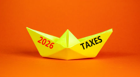 2026 taxes new year symbol. Concept words 2026 taxes on beautiful yellow paper boat. Beautiful...