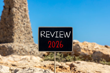 Review 2026 symbol. Concept words Review 2026 on beautiful black blackboard. Beautiful stone and...
