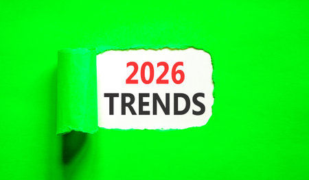2026 Trends new year symbol. Concept words 2026 Trends on beautiful white paper. Beautiful green...