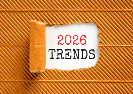 2026 Trends new year symbol. Concept words 2026 Trends on beautiful white paper. Beautiful brown...