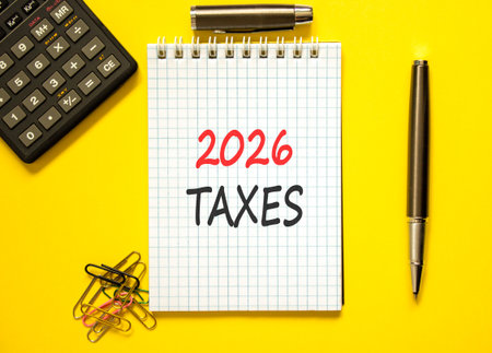 2026 taxes new year symbol. Concept words 2026 taxes on beautiful white note. Beautiful yellow background. Black pen. Beautiful black calculator. Business and 2026 taxes new year concept. Copy space.の写真素材