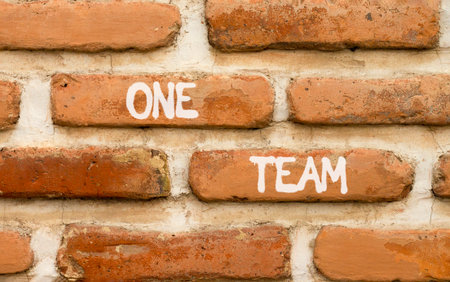 One team symbol. Concept word One team on beautiful old brown brick wall. Beautiful old brown brick wall background. Old brick wall. Business one team concept. Copy space.の写真素材