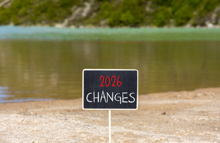 2026 Changes symbol. Concept words 2026 Changes on beautiful black blackboard. Beautiful mountain lake sand beach background. Business and 2026 changes concept. Copy space.の写真素材