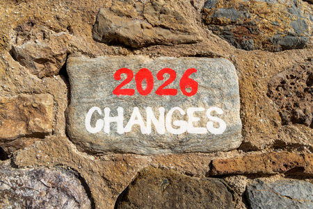 2026 Changes symbol. Concept words 2026 Changes on beautiful gray stone on stone wall. Beautiful stone wall background. Business and 2026 changes concept. Copy space.の写真素材