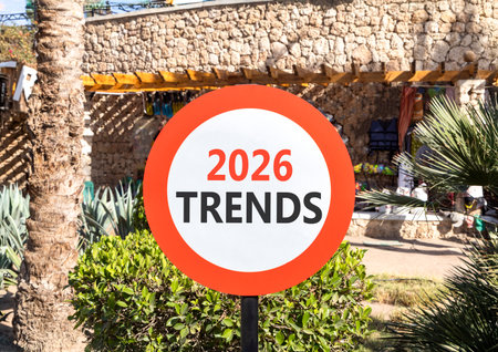 2026 Trends new year symbol. Concept words 2026 Trends on beautiful white and red road sign....