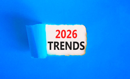 2026 Trends new year symbol. Concept words 2026 Trends on beautiful white paper. Beautiful blue paper background. Business and 2026 Trends new year concept. Copy space.の写真素材
