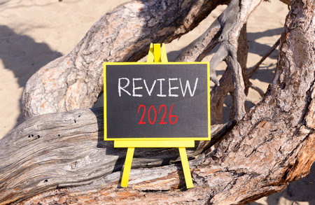 Review 2026 symbol. Concept words Review 2026 on beautiful black blackboard. Beautiful old tree and sand background. Business and review 2026 concept. Copy space.の写真素材