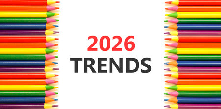 2026 Trends new year symbol. Concept words 2026 Trends on beautiful white paper. Beautiful white paper background. Beautiful colored pencils. Business and 2026 Trends new year concept. Copy space.の写真素材