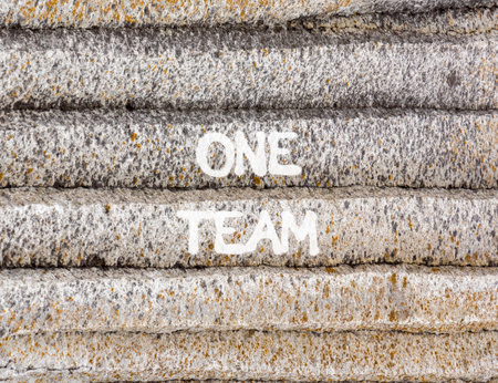 One team symbol. Concept word One team on beautiful gray mountain wall. Beautiful gray mountain wall...