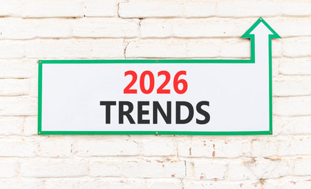 2026 Trends new year symbol. Concept words 2026 Trends on beautiful white sign with arrow. Beautiful...