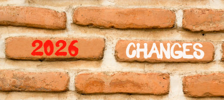 2026 Changes symbol. Concept words 2026 Changes on beautiful brown brick wall. Beautiful brown brick wall background. Business and 2026 changes concept. Copy space.の写真素材