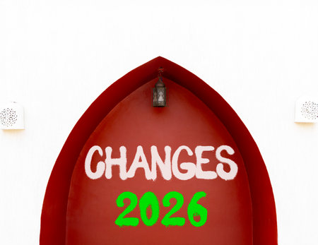 Changes 2026 symbol. Concept words Changes 2026 on beautiful white and red wall. Beautiful white and...