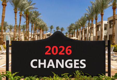 2026 Changes symbol. Concept words 2026 Changes on beautiful black road sign. Beautiful palm trees...