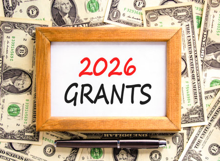 2026 Grants symbol. Concept words 2026 Grants on beautiful wooden picture frame. Beautiful dollar...