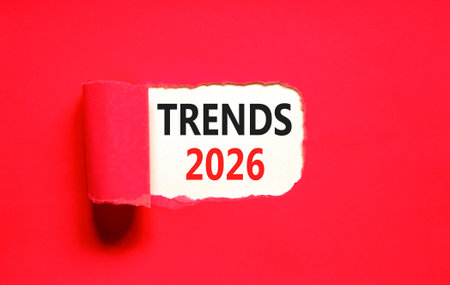 Trends 2026 new year symbol. Concept words Trends 2026 on beautiful white paper. Beautiful red paper...