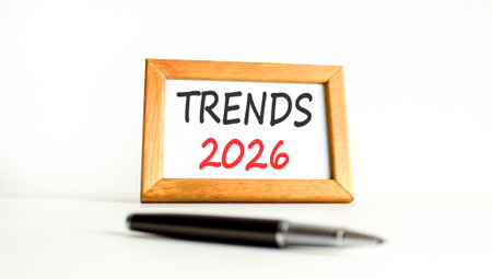 Trends 2026 new year symbol. Concept words Trends 2026 on beautiful wooden picture frame. Beautiful...