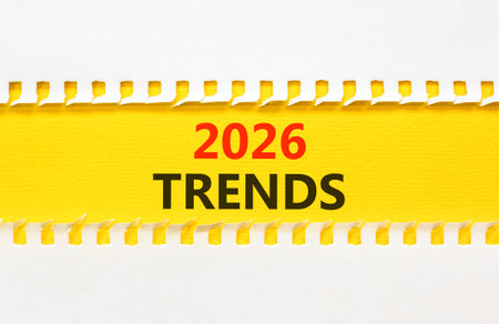 2026 Trends new year symbol. Concept words 2026 Trends on beautiful yellow paper. Beautiful white paper background. Business and 2026 Trends new year concept. Copy space.の写真素材