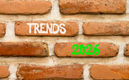 Trends 2026 new year symbol. Concept words Trends 2026 on beautiful brown brick wall. Beautiful...