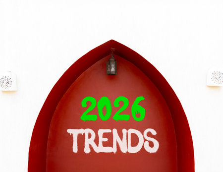2026 Trends new year symbol. Concept words 2026 Trends on beautiful white and red wall. Beautiful white and red wall background. Business and 2026 Trends new year concept. Copy space.の写真素材