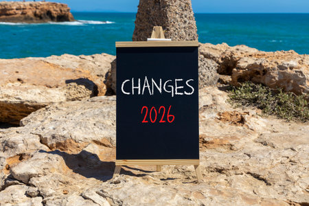 Changes 2026 symbol. Concept words Changes 2026 on beautiful black blackboard. Beautiful sea, stone...