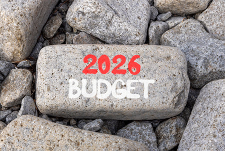 2026 Budget symbol. Concept words 2026 Budget on beautiful big gray stone. Beautiful gray stones background. Business and 2026 budget concept. Copy space.の写真素材