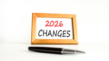 2026 Changes symbol. Concept words 2026 Changes on beautiful wooden picture frame. Beautiful white paper background. Beautiful black pen. Business and 2026 changes concept. Copy space.の写真素材