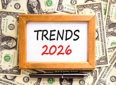 Trends 2026 new year symbol. Concept words Trends 2026 on beautiful wooden picture frame. Beautiful...