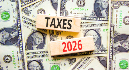 Taxes 2026 new year symbol. Concept words Taxes 2026 on beautiful wooden blocks. Beautiful dollar...