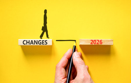 Changes 2026 symbol. Concept words Changes 2026 on beautiful wooden blocks. Beautiful yellow...