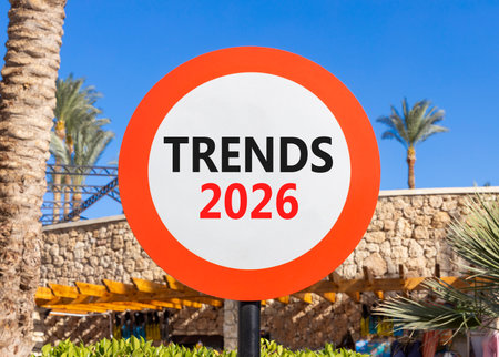 Trends 2026 new year symbol. Concept words Trends 2026 on beautiful white and red road sign....