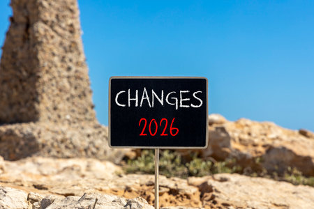 Changes 2026 symbol. Concept words Changes 2026 on beautiful black blackboard. Beautiful stone and blue sky background. Business and changes 2026 concept. Copy space.の写真素材