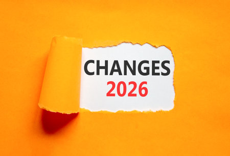 Changes 2026 symbol. Concept words Changes 2026 on beautiful white paper. Beautiful orange paper...