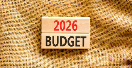 2026 Budget symbol. Concept words 2026 Budget on beautiful wooden blocks. Beautiful canvas...