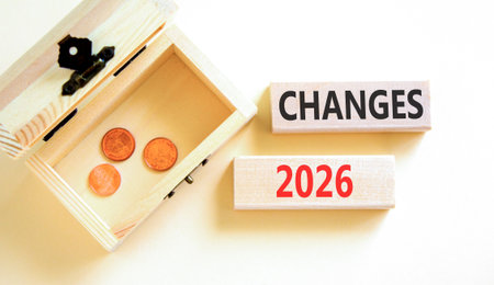 Changes 2026 symbol. Concept words Changes 2026 on beautiful wooden blocks. Beautiful white paper...