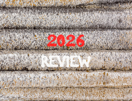 2026 Review symbol. Concept words 2026 Review on beautiful gray mountain wall. Beautiful gray mountain wall background. Business and 2026 review concept. Copy space.の写真素材