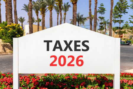 Taxes 2026 new year symbol. Concept words Taxes 2026 on beautiful white road sign. Beautiful palm...