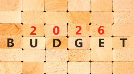 2026 Budget symbol. Concept words 2026 Budget on beautiful wooden blocks wall. Beautiful wooden blocks wall background. Business and 2026 budget concept. Copy space.の写真素材