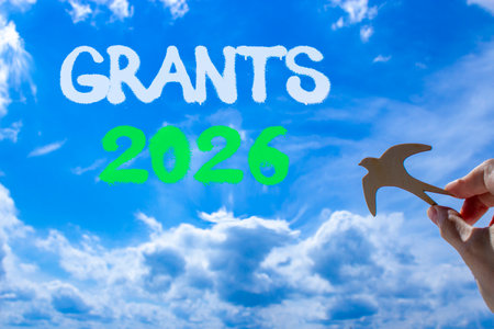 Grants 2026 symbol. Concept words Grants 2026 on beautiful blue sky. Beautiful blue sky background....