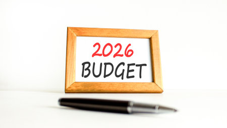 2026 Budget symbol. Concept words 2026 Budget on beautiful wooden picture frame. Beautiful white...