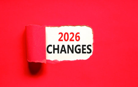 2026 Changes symbol. Concept words 2026 Changes on beautiful white paper. Beautiful red paper background. Business and 2026 changes concept. Copy space.の写真素材