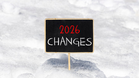 2026 Changes symbol. Concept words 2026 Changes on beautiful black blackboard. Beautiful white snow background. Business and 2026 changes concept. Copy space.の写真素材