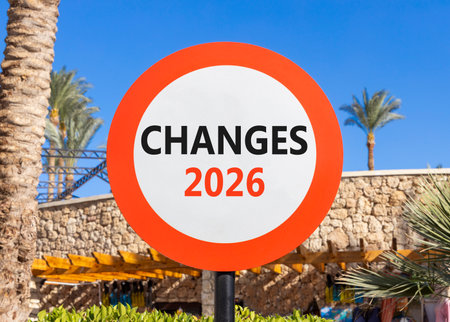 Changes 2026 symbol. Concept words Changes 2026 on beautiful white and red road sign. Beautiful palm trees palm-trees and blue sky background. Business and changes 2026 concept. Copy space.の写真素材