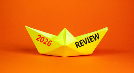 2026 Review symbol. Concept words 2026 Review on beautiful yellow paper boat. Beautiful orange paper...