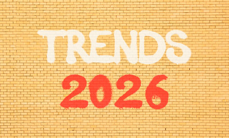 Trends 2026 new year symbol. Concept words Trends 2026 on beautiful old brown brick wall. Beautiful old brown brick wall background. Business and Trends 2026 new year concept. Copy space.の写真素材