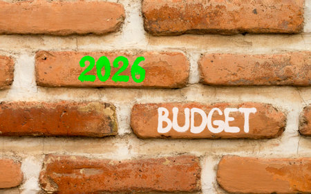 2026 Budget symbol. Concept words 2026 Budget on beautiful brown brick wall. Beautiful brown brick...